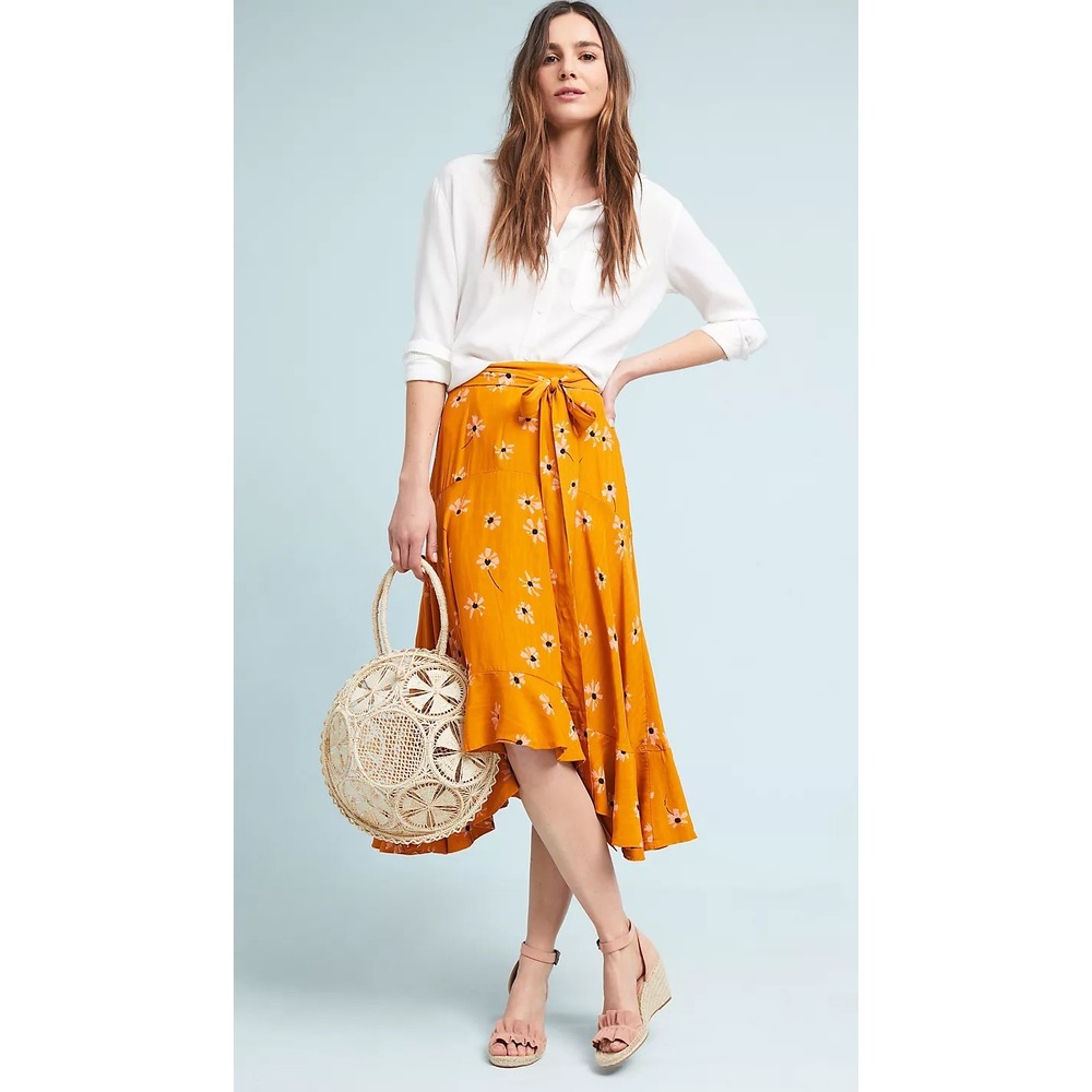 Faithfull The Brand Womens Belted Botany Skirt Orange Mot Ruffle High Low Midi S